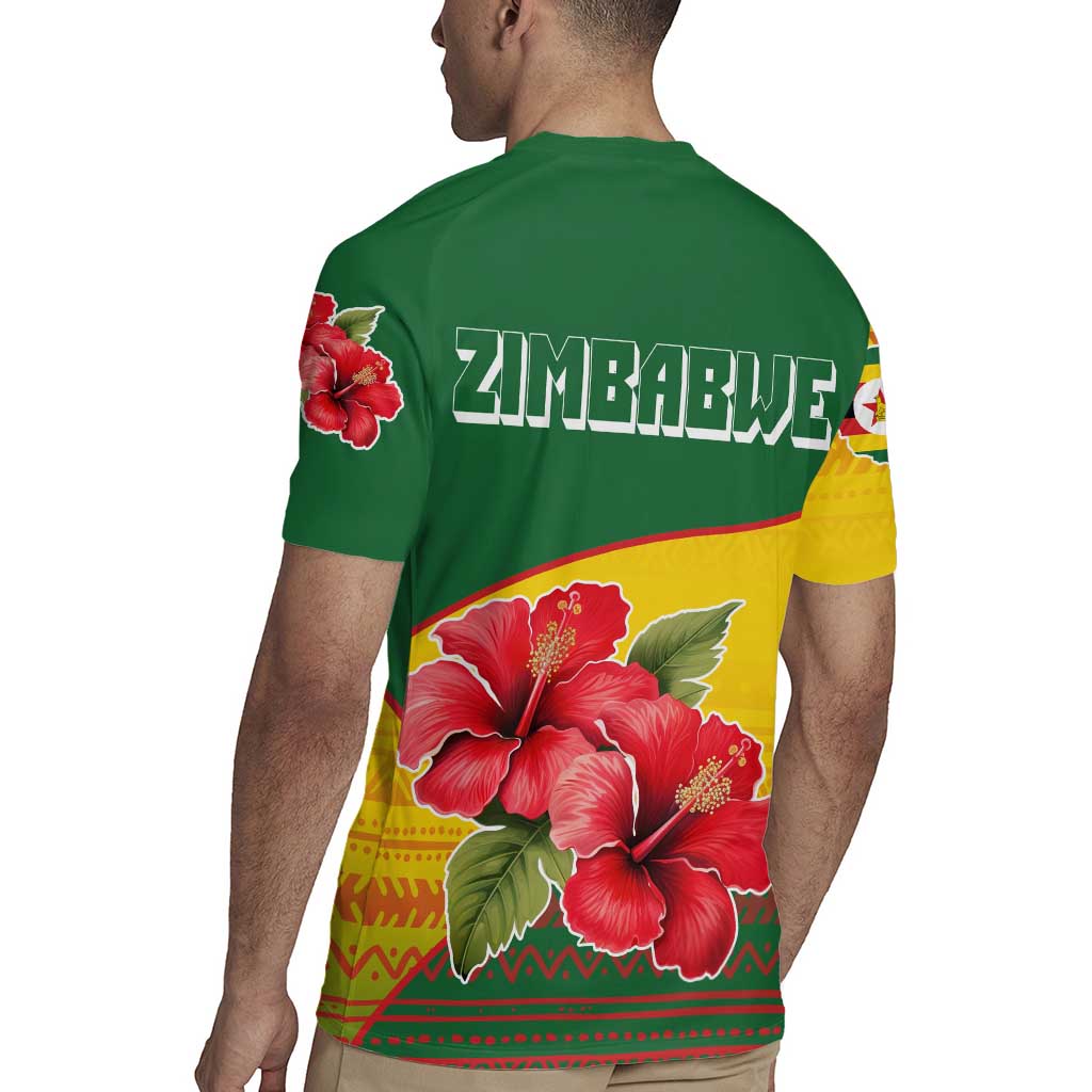 Zimbabwe Flag Map and Red Hibiscus Flowers Rugby Jersey with African Tribal Pattern