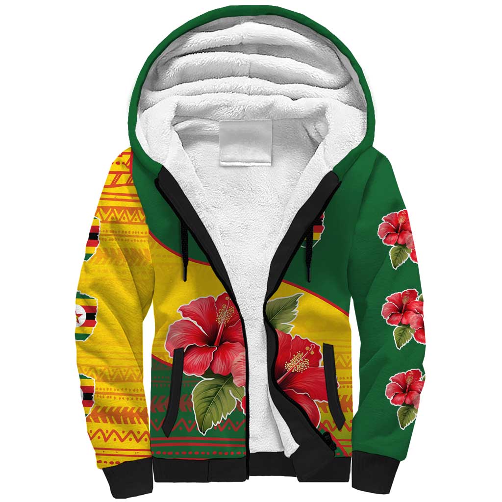 Zimbabwe Flag Map and Red Hibiscus Flowers Sherpa Hoodie with African Tribal Pattern