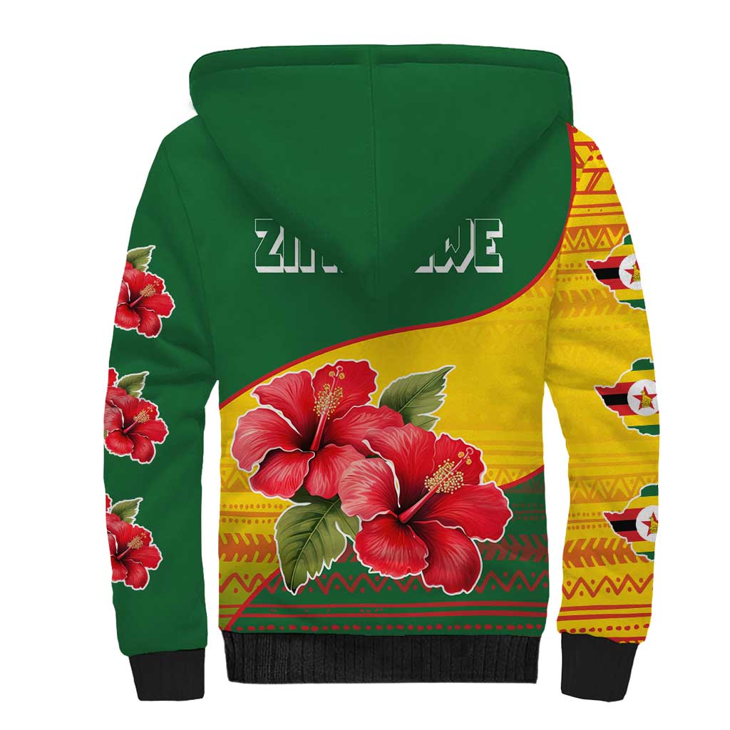 Zimbabwe Flag Map and Red Hibiscus Flowers Sherpa Hoodie with African Tribal Pattern