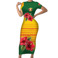 Zimbabwe Flag Map and Red Hibiscus Flowers Short Sleeve Bodycon Dress with African Tribal Pattern