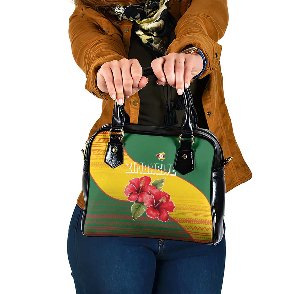Zimbabwe Flag Map and Red Hibiscus Flowers Shoulder Handbag with African Tribal Pattern