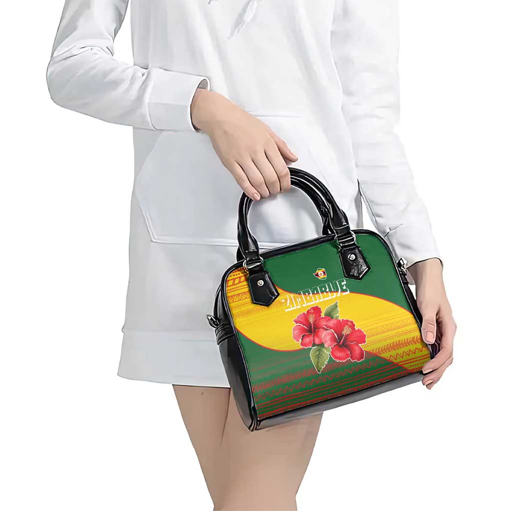 Zimbabwe Flag Map and Red Hibiscus Flowers Shoulder Handbag with African Tribal Pattern