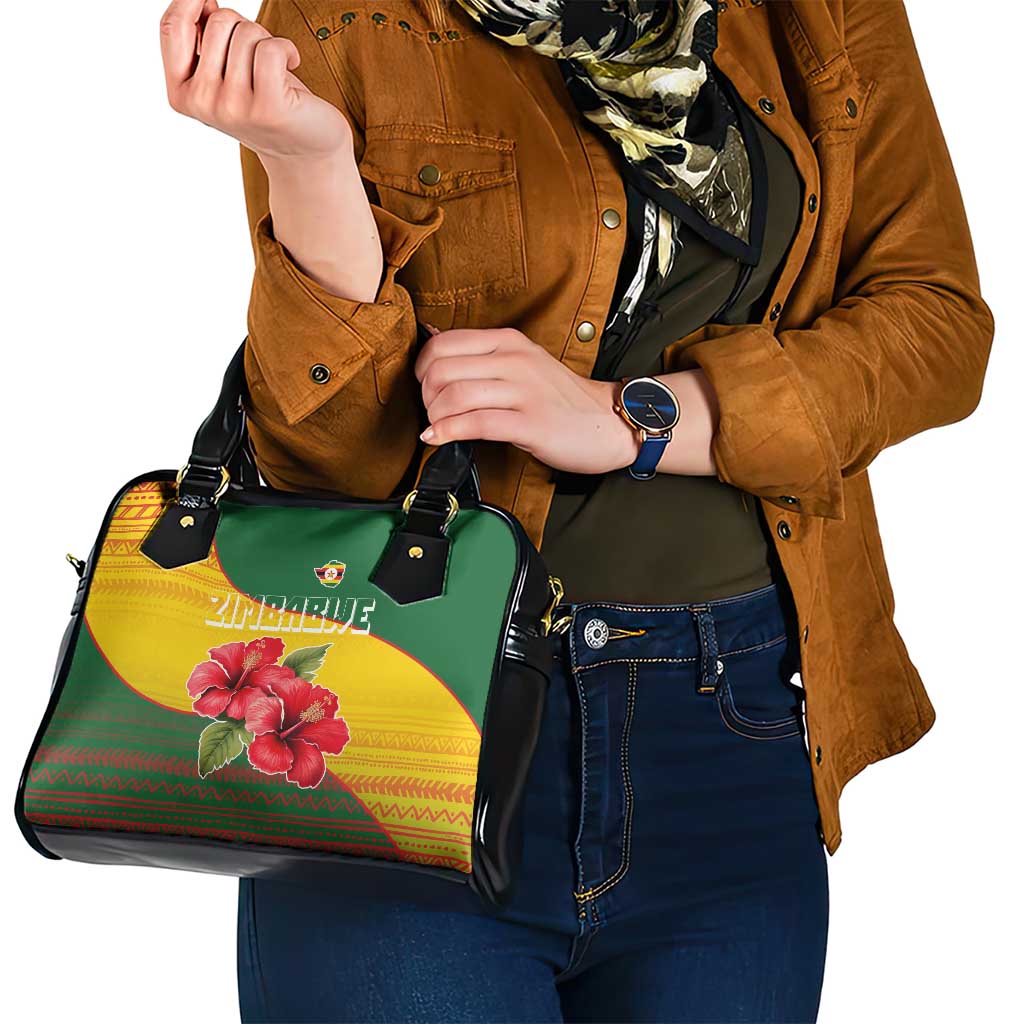 Zimbabwe Flag Map and Red Hibiscus Flowers Shoulder Handbag with African Tribal Pattern