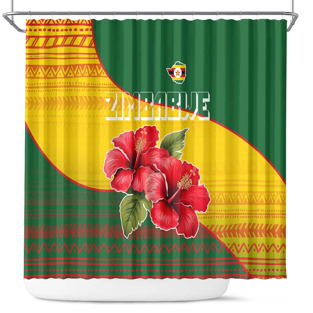 Zimbabwe Flag Map and Red Hibiscus Flowers Shower Curtain with African Tribal Pattern