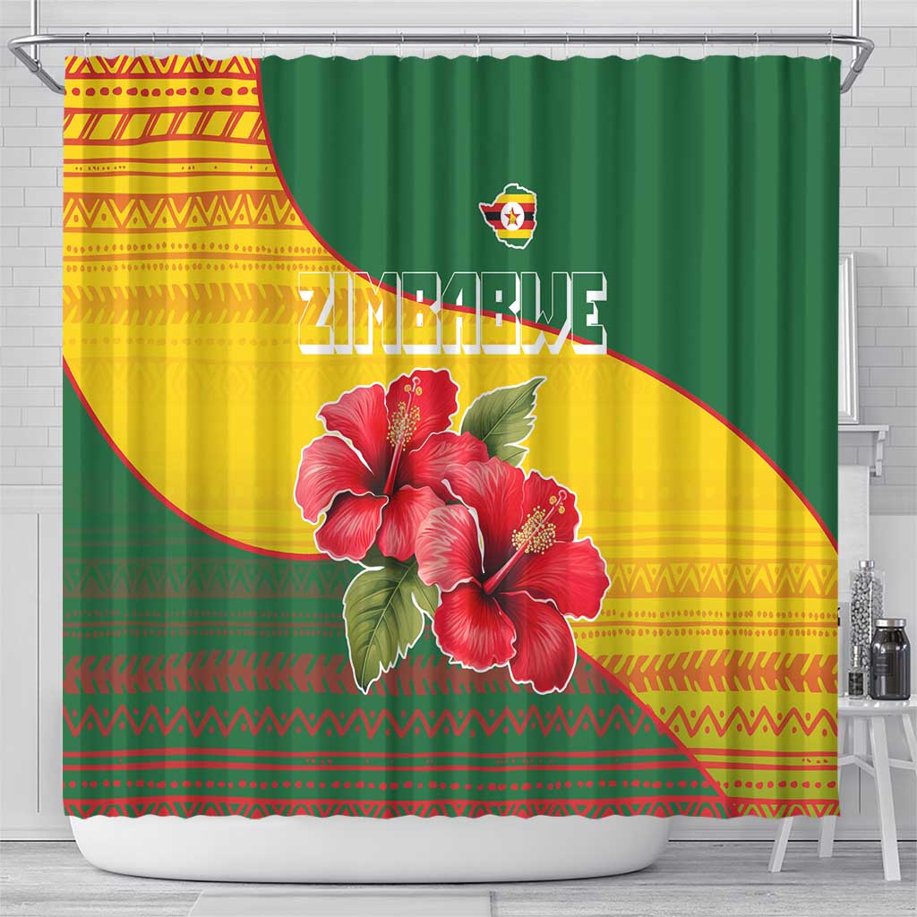 Zimbabwe Flag Map and Red Hibiscus Flowers Shower Curtain with African Tribal Pattern