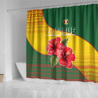 Zimbabwe Flag Map and Red Hibiscus Flowers Shower Curtain with African Tribal Pattern