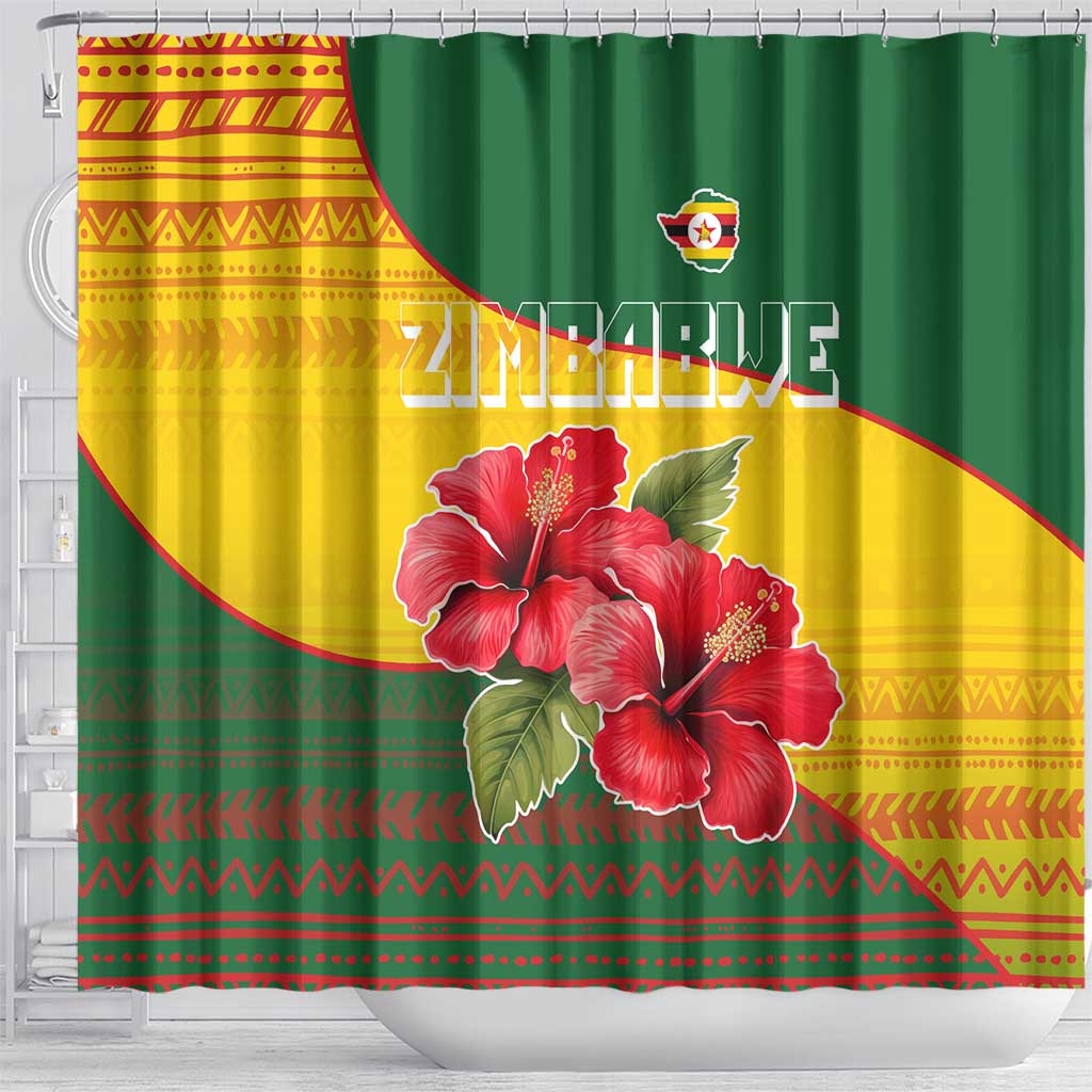Zimbabwe Flag Map and Red Hibiscus Flowers Shower Curtain with African Tribal Pattern