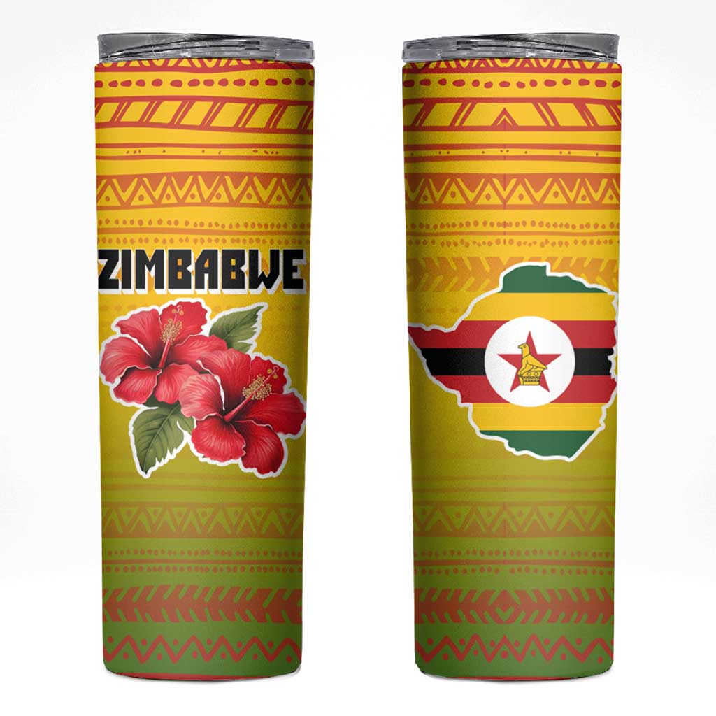 Zimbabwe Flag Map and Red Hibiscus Flowers Skinny Tumbler with African Tribal Pattern
