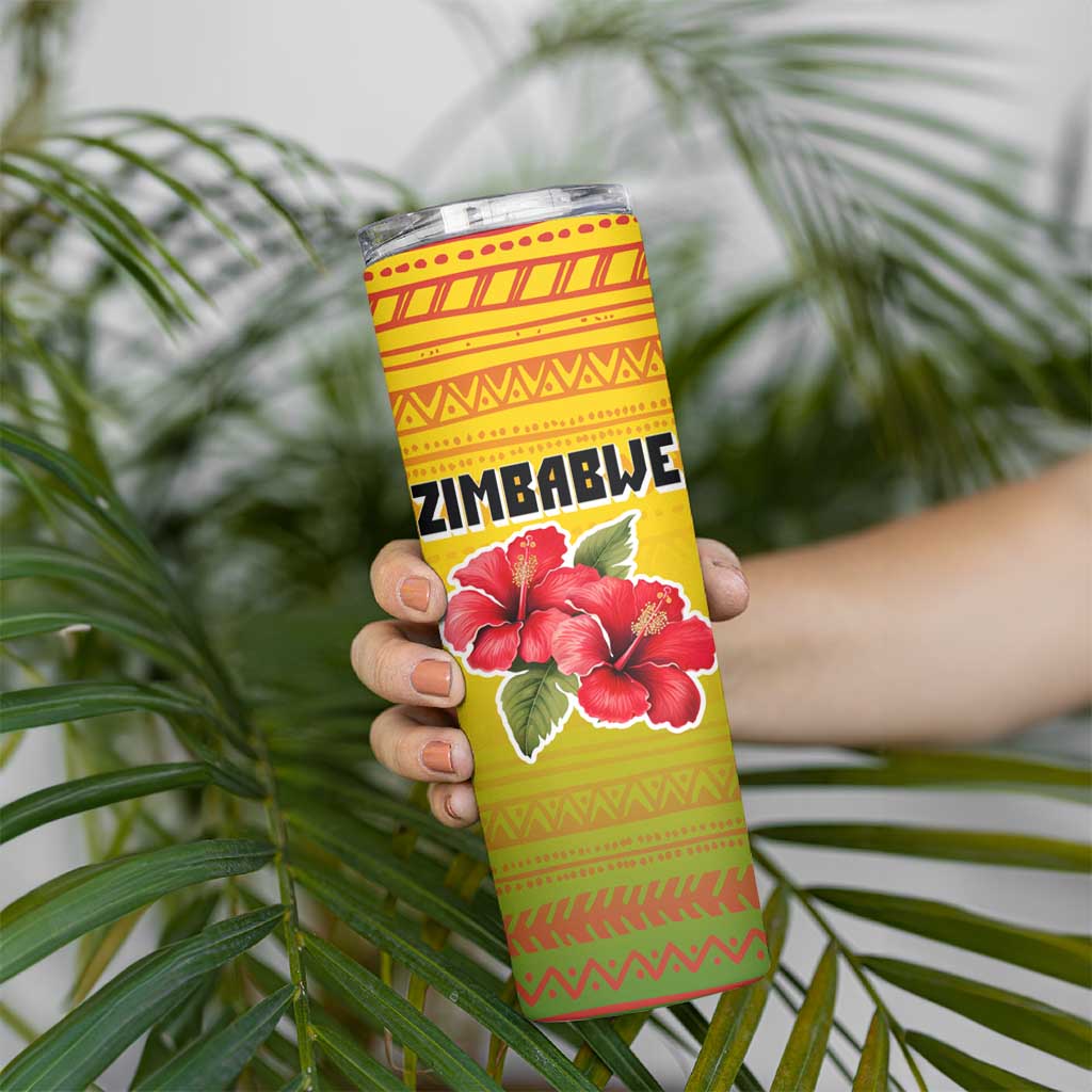 Zimbabwe Flag Map and Red Hibiscus Flowers Skinny Tumbler with African Tribal Pattern