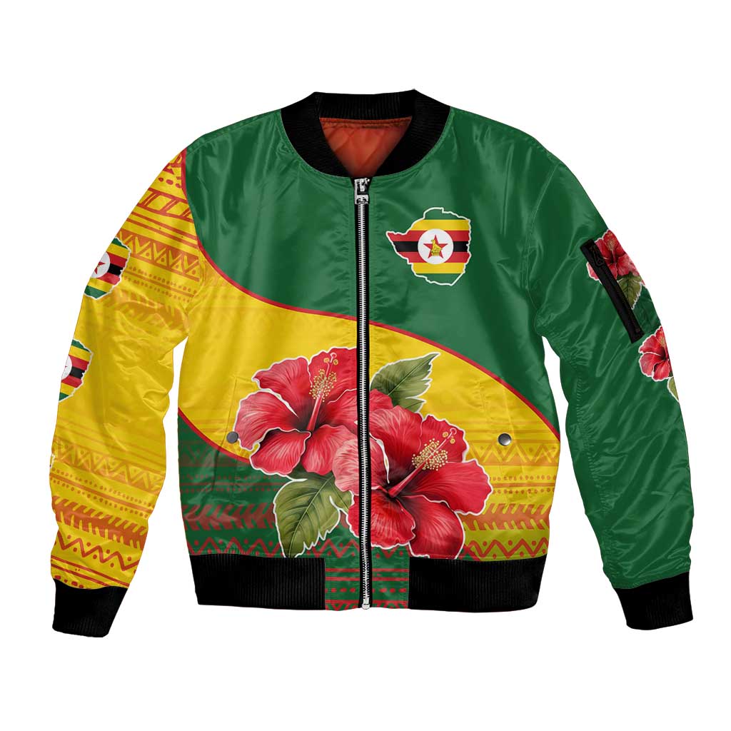 Zimbabwe Flag Map and Red Hibiscus Flowers Sleeve Zip Bomber Jacket with African Tribal Pattern