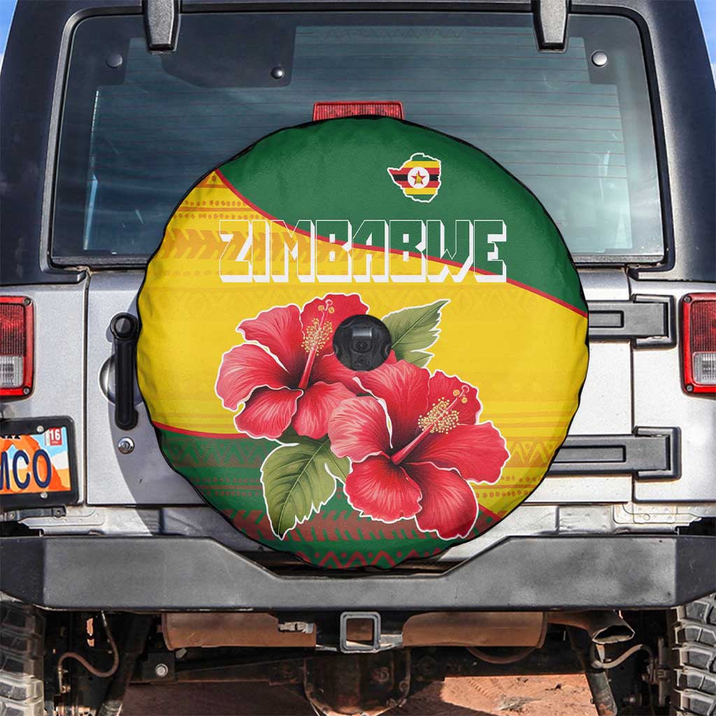 Zimbabwe Flag Map and Red Hibiscus Flowers Spare Tire Cover with African Tribal Pattern