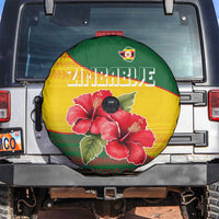 Zimbabwe Flag Map and Red Hibiscus Flowers Spare Tire Cover with African Tribal Pattern
