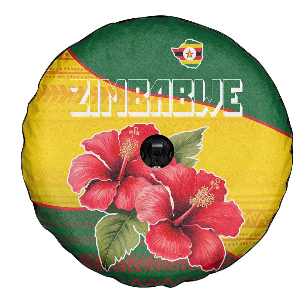 Zimbabwe Flag Map and Red Hibiscus Flowers Spare Tire Cover with African Tribal Pattern