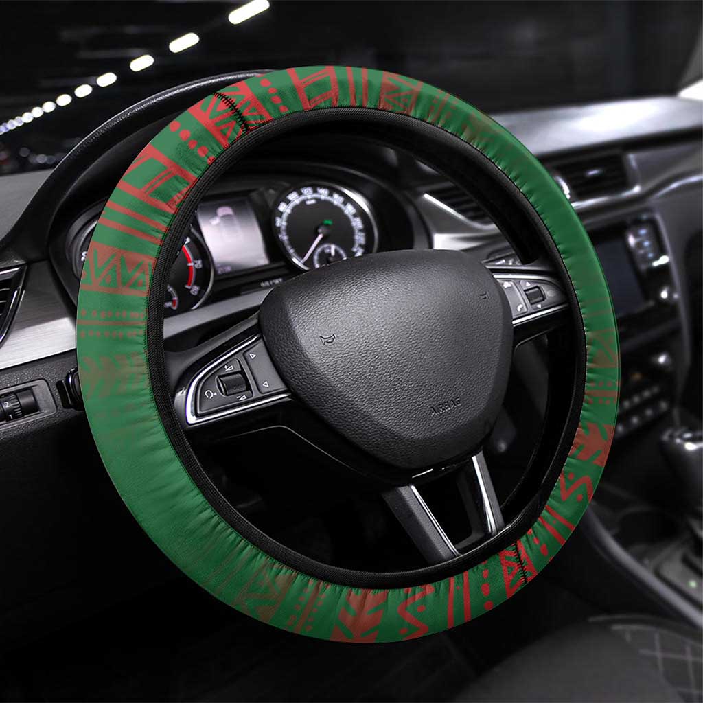 Zimbabwe Flag Map and Red Hibiscus Flowers Steering Wheel Cover with African Tribal Pattern
