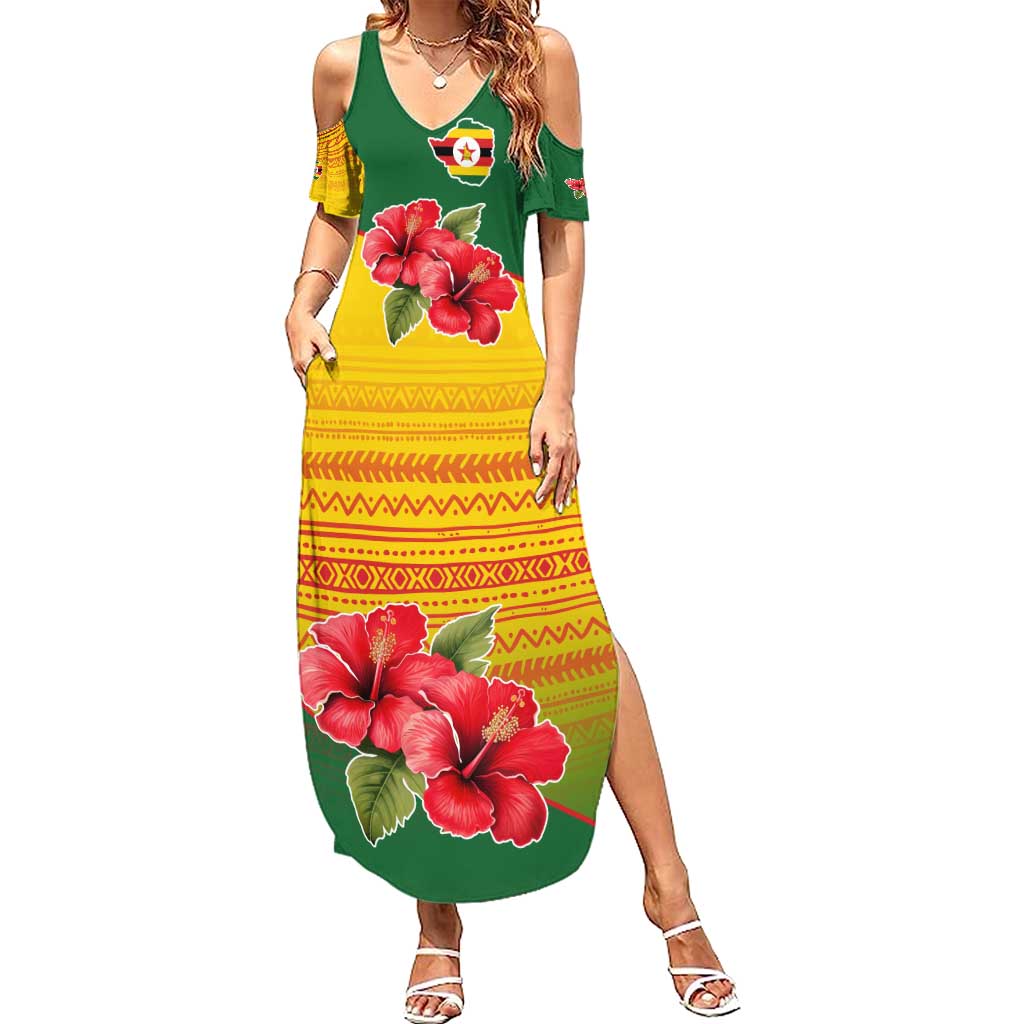 Zimbabwe Flag Map and Red Hibiscus Flowers Summer Maxi Dress with African Tribal Pattern
