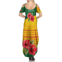 Zimbabwe Flag Map and Red Hibiscus Flowers Summer Maxi Dress with African Tribal Pattern
