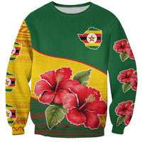 Zimbabwe Flag Map and Red Hibiscus Flowers Sweatshirt with African Tribal Pattern