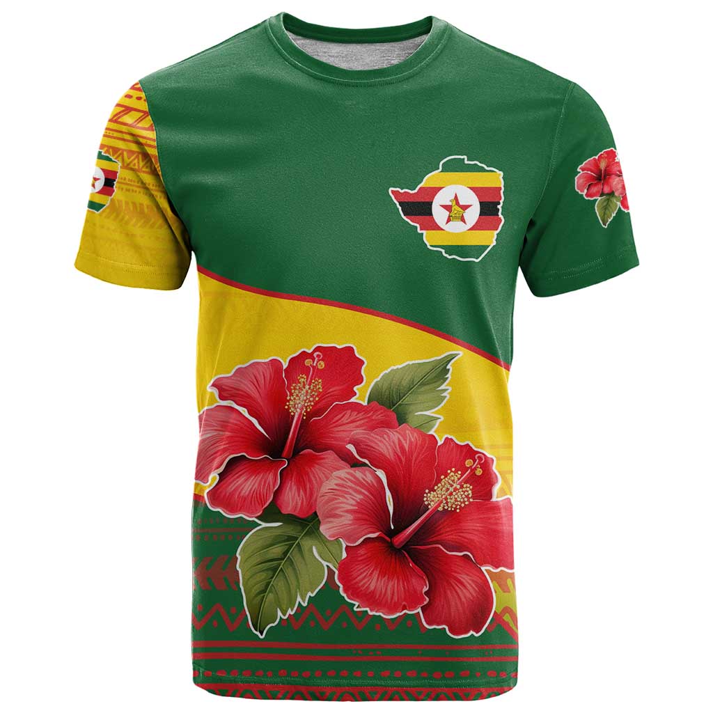 Zimbabwe Flag Map and Red Hibiscus Flowers T Shirt with African Tribal Pattern