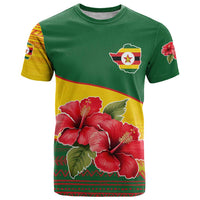 Zimbabwe Flag Map and Red Hibiscus Flowers T Shirt with African Tribal Pattern