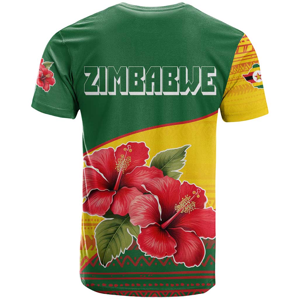 Zimbabwe Flag Map and Red Hibiscus Flowers T Shirt with African Tribal Pattern