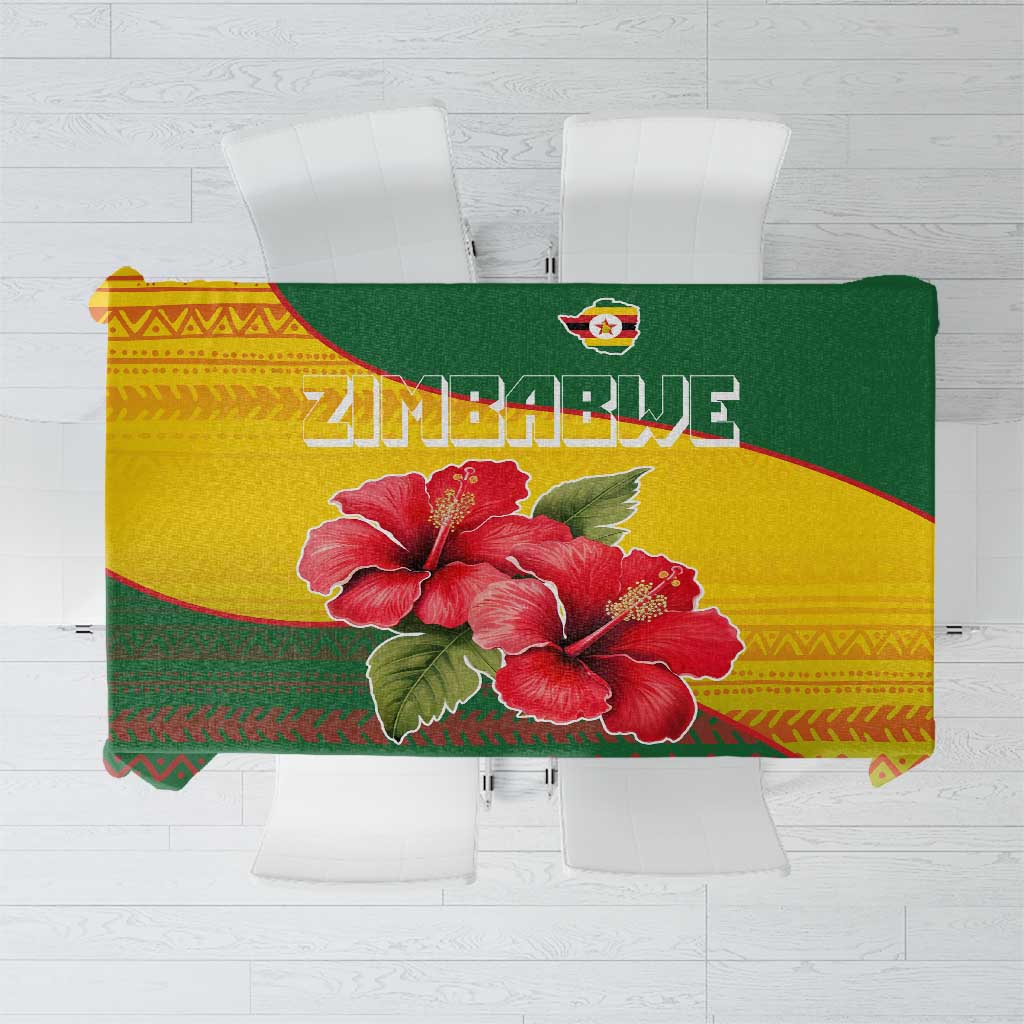 Zimbabwe Flag Map and Red Hibiscus Flowers Tablecloth with African Tribal Pattern