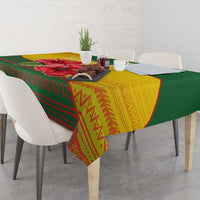 Zimbabwe Flag Map and Red Hibiscus Flowers Tablecloth with African Tribal Pattern