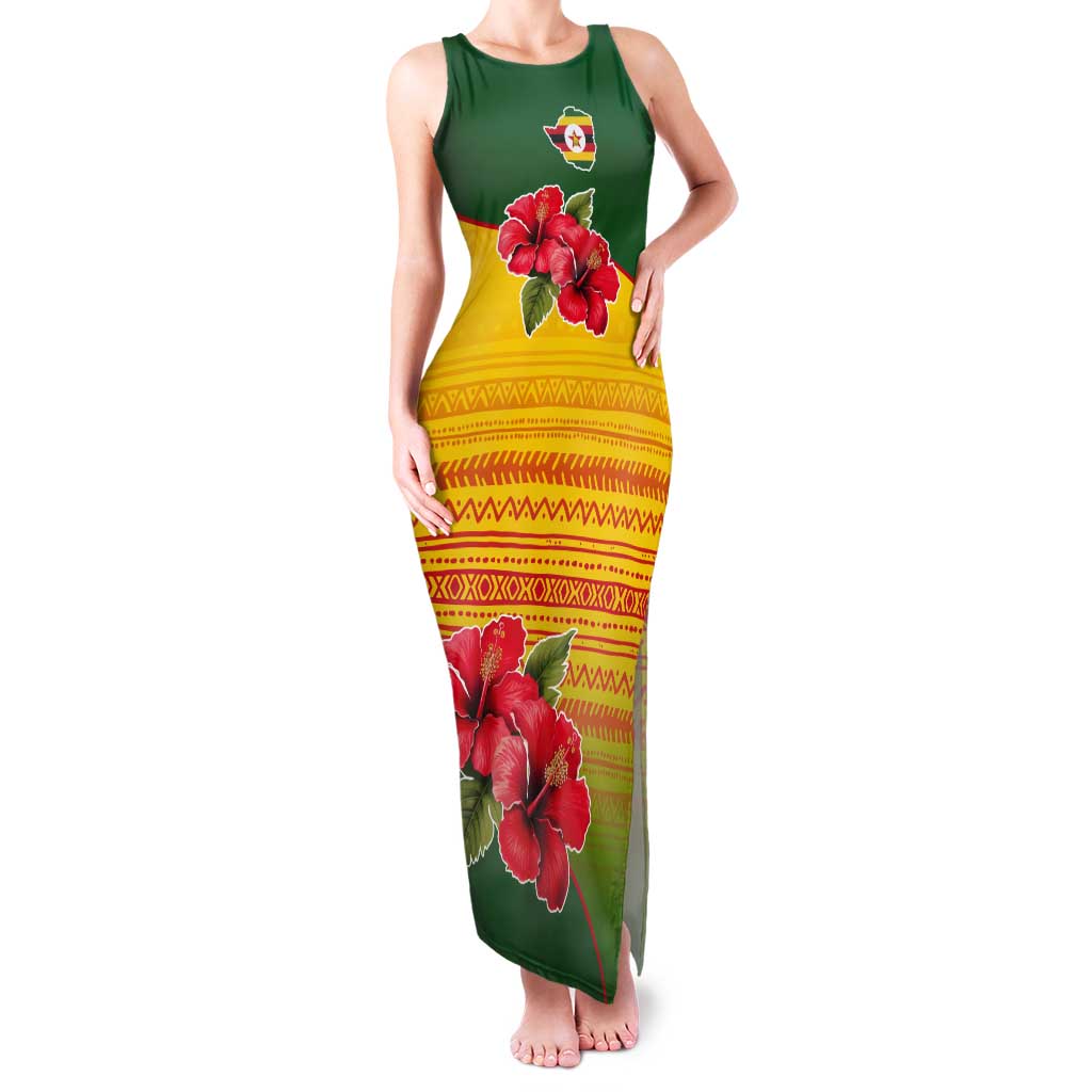 Zimbabwe Flag Map and Red Hibiscus Flowers Tank Maxi Dress with African Tribal Pattern