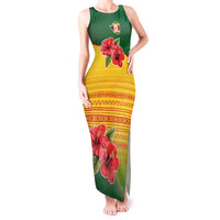 Zimbabwe Flag Map and Red Hibiscus Flowers Tank Maxi Dress with African Tribal Pattern