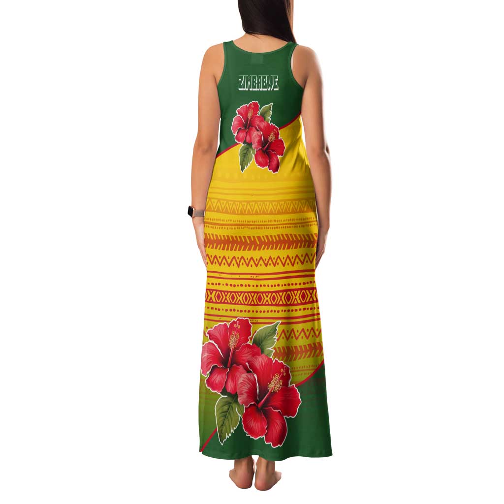 Zimbabwe Flag Map and Red Hibiscus Flowers Tank Maxi Dress with African Tribal Pattern