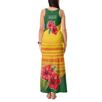 Zimbabwe Flag Map and Red Hibiscus Flowers Tank Maxi Dress with African Tribal Pattern
