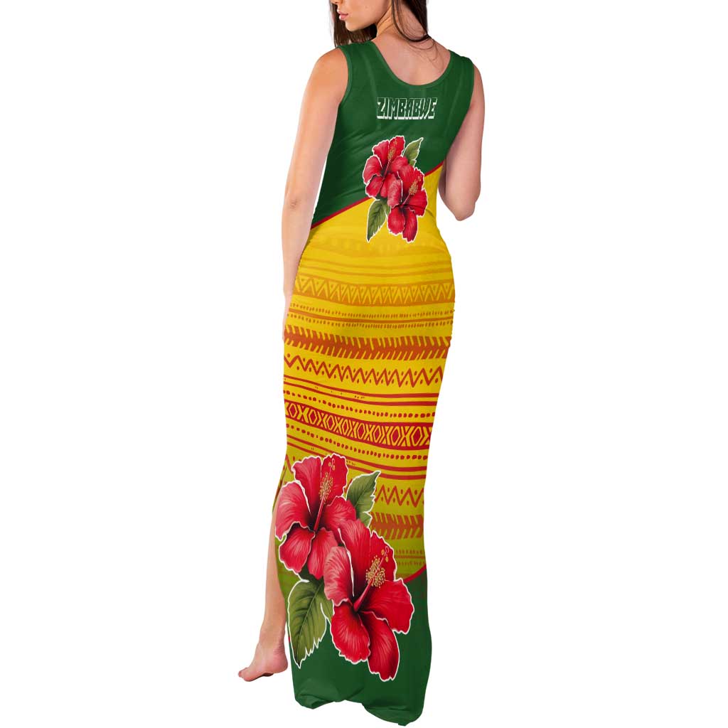 Zimbabwe Flag Map and Red Hibiscus Flowers Tank Maxi Dress with African Tribal Pattern