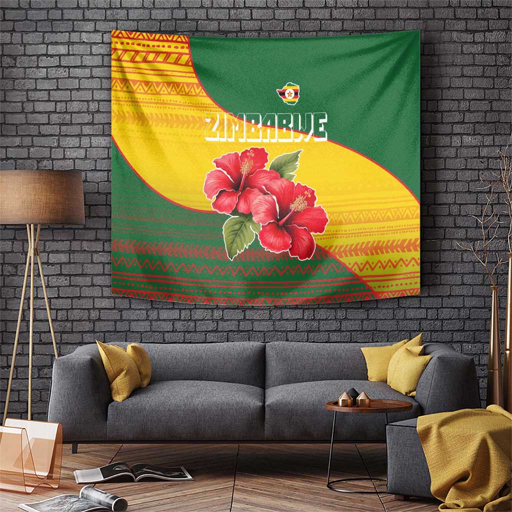 Zimbabwe Flag Map and Red Hibiscus Flowers Tapestry with African Tribal Pattern