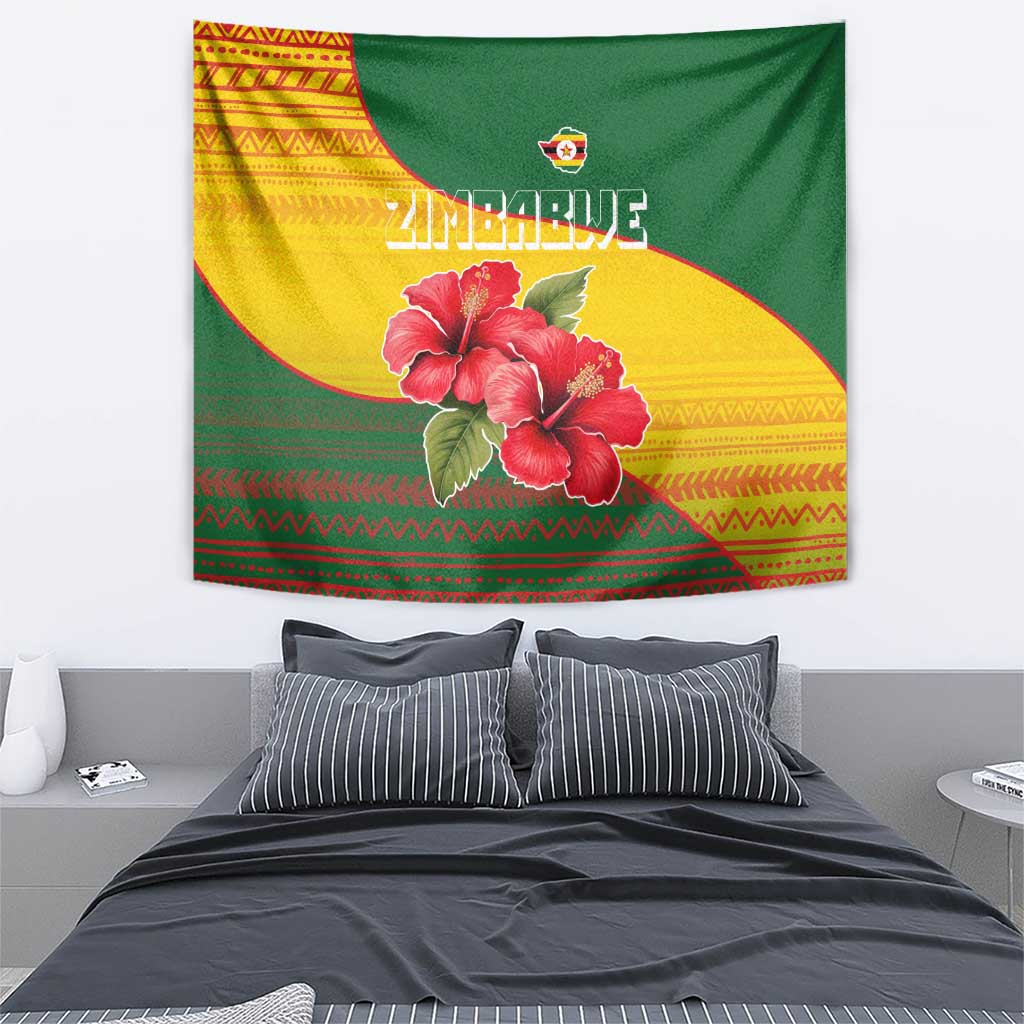 Zimbabwe Flag Map and Red Hibiscus Flowers Tapestry with African Tribal Pattern