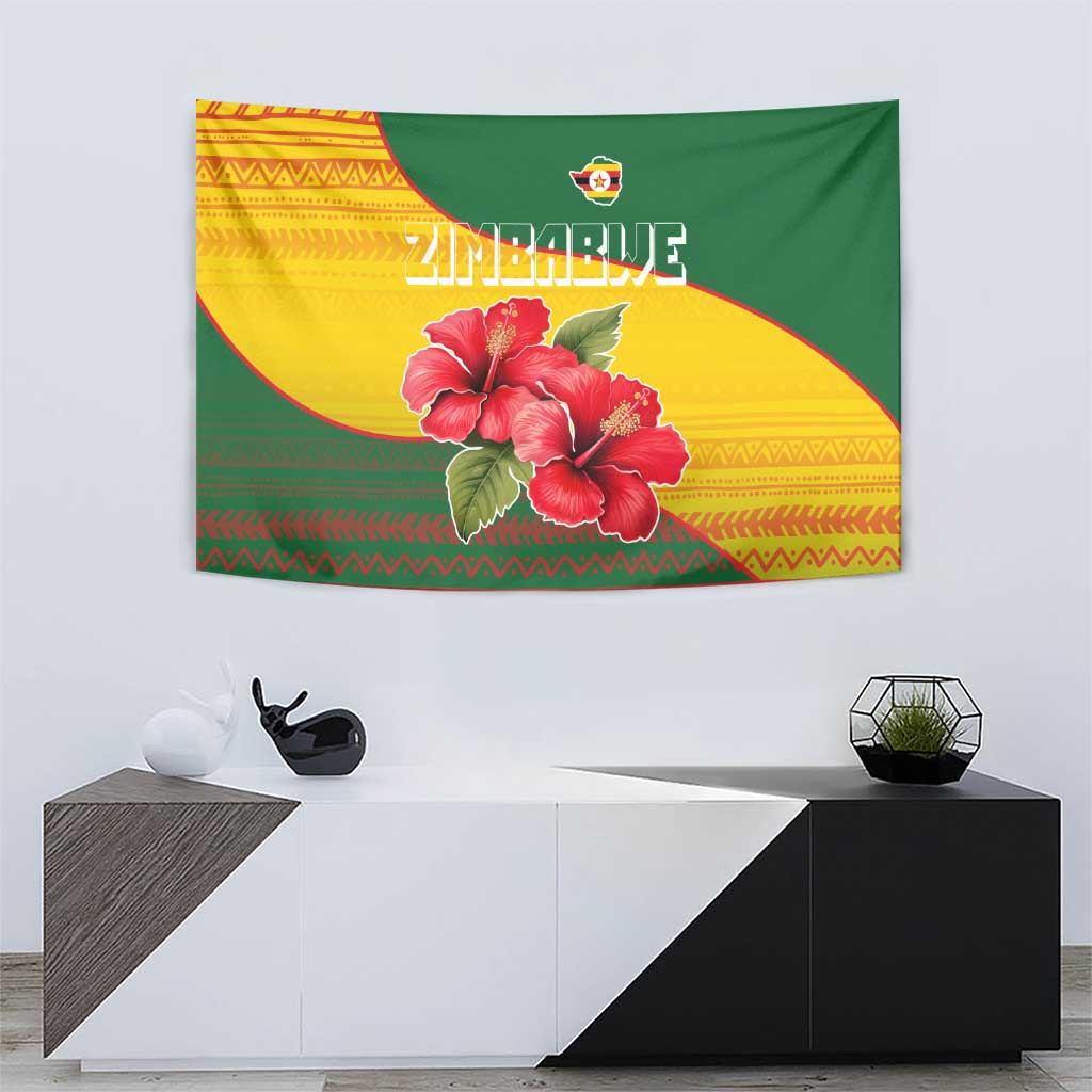 Zimbabwe Flag Map and Red Hibiscus Flowers Tapestry with African Tribal Pattern