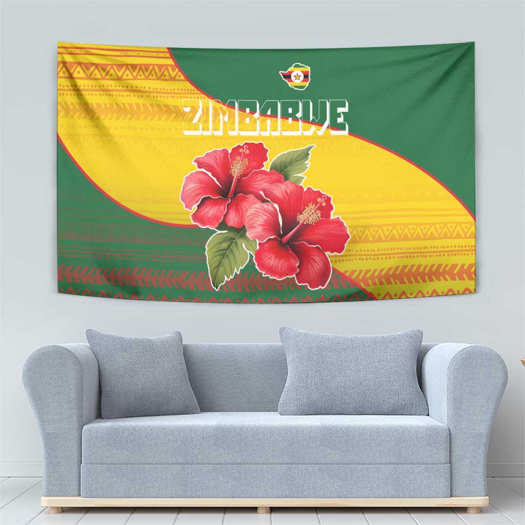 Zimbabwe Flag Map and Red Hibiscus Flowers Tapestry with African Tribal Pattern