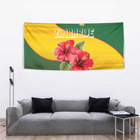 Zimbabwe Flag Map and Red Hibiscus Flowers Tapestry with African Tribal Pattern