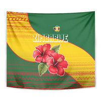 Zimbabwe Flag Map and Red Hibiscus Flowers Tapestry with African Tribal Pattern