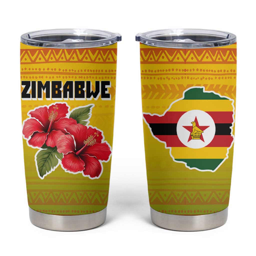 Zimbabwe Flag Map and Red Hibiscus Flowers Tumbler Cup with African Tribal Pattern