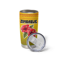 Zimbabwe Flag Map and Red Hibiscus Flowers Tumbler Cup with African Tribal Pattern