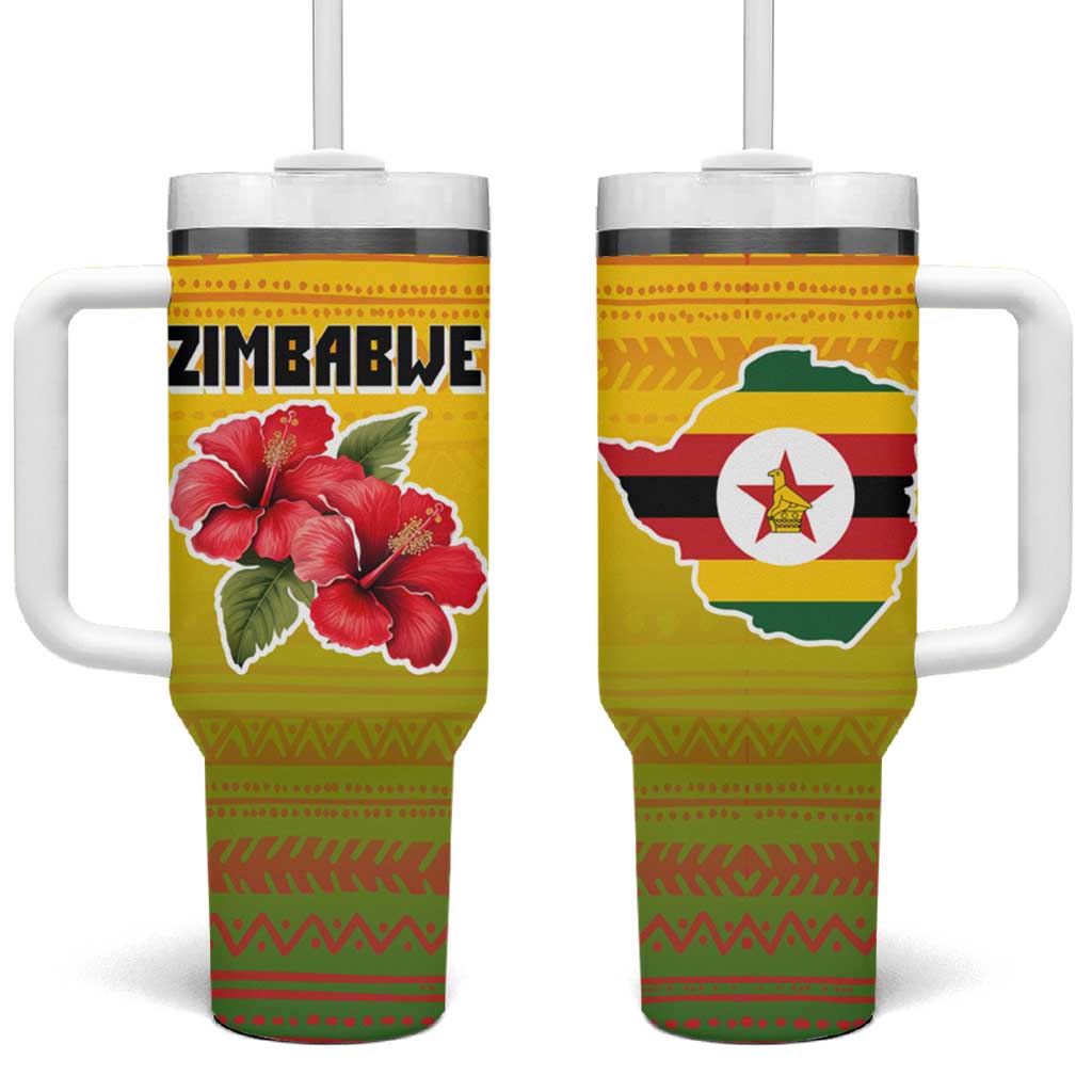 Zimbabwe Flag Map and Red Hibiscus Flowers Tumbler With Handle with African Tribal Pattern