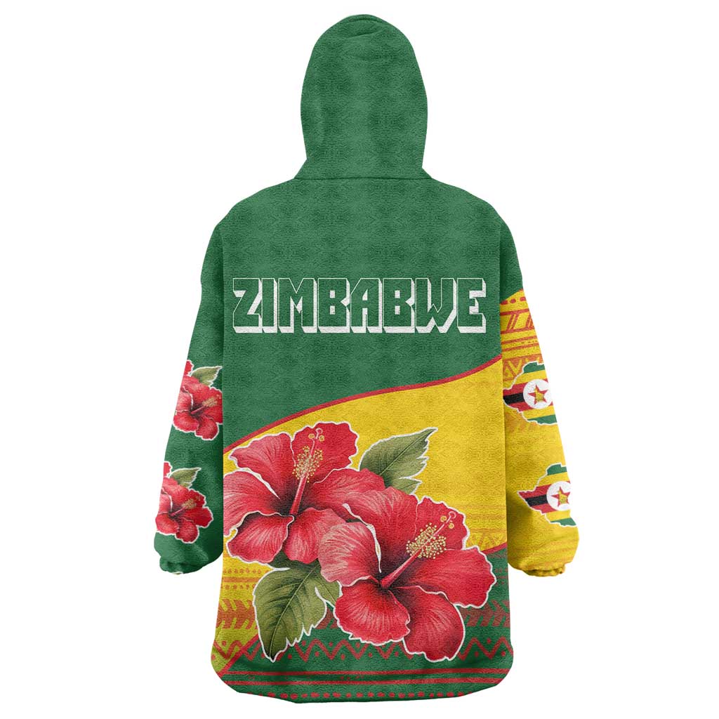 Zimbabwe Flag Map and Red Hibiscus Flowers Wearable Blanket Hoodie with African Tribal Pattern
