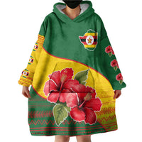 Zimbabwe Flag Map and Red Hibiscus Flowers Wearable Blanket Hoodie with African Tribal Pattern