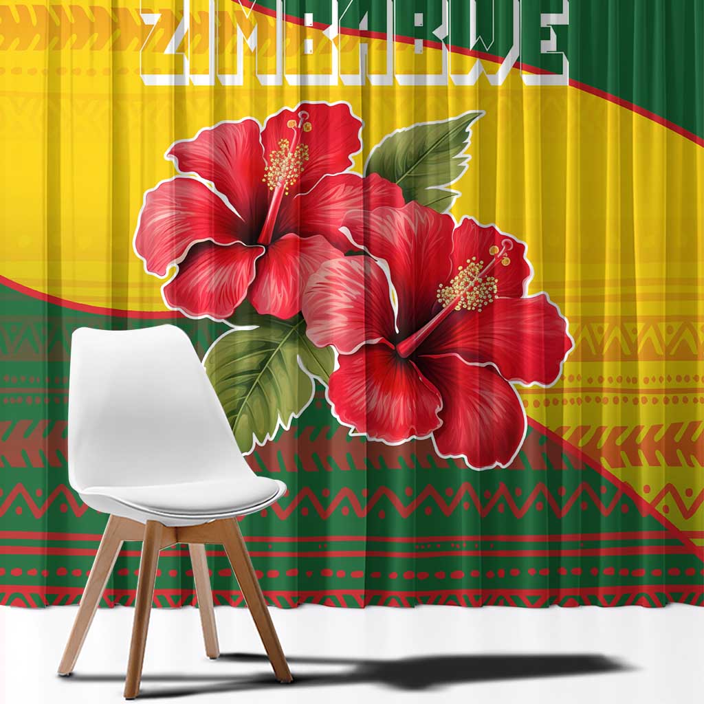 Zimbabwe Flag Map and Red Hibiscus Flowers Window Curtain with African Tribal Pattern