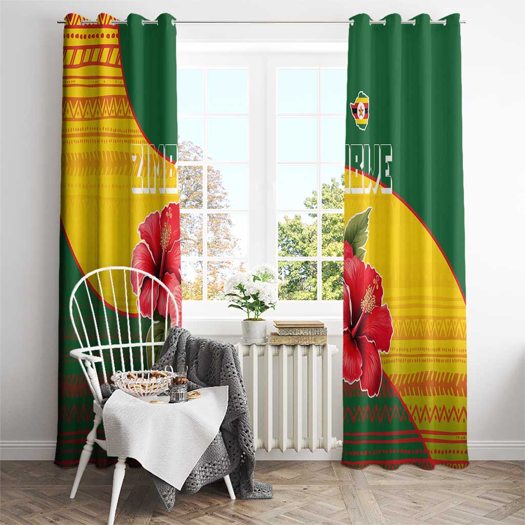 Zimbabwe Flag Map and Red Hibiscus Flowers Window Curtain with African Tribal Pattern