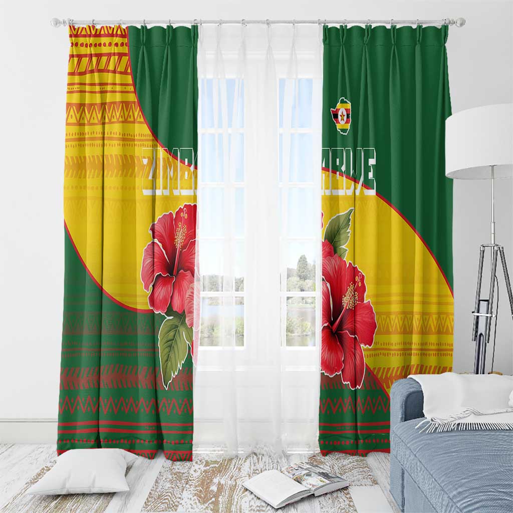 Zimbabwe Flag Map and Red Hibiscus Flowers Window Curtain with African Tribal Pattern