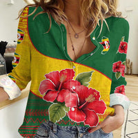 Zimbabwe Flag Map and Red Hibiscus Flowers Women Casual Shirt with African Tribal Pattern