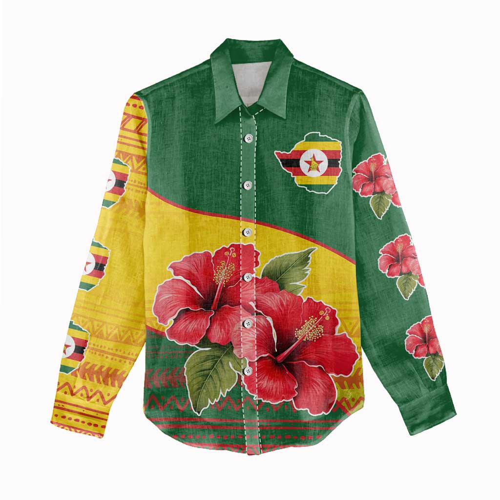 Zimbabwe Flag Map and Red Hibiscus Flowers Women Casual Shirt with African Tribal Pattern