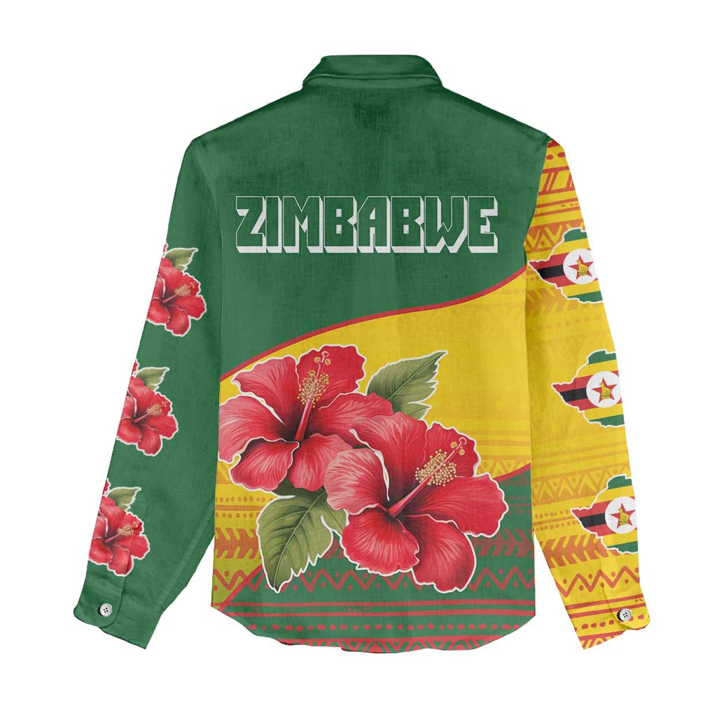 Zimbabwe Flag Map and Red Hibiscus Flowers Women Casual Shirt with African Tribal Pattern