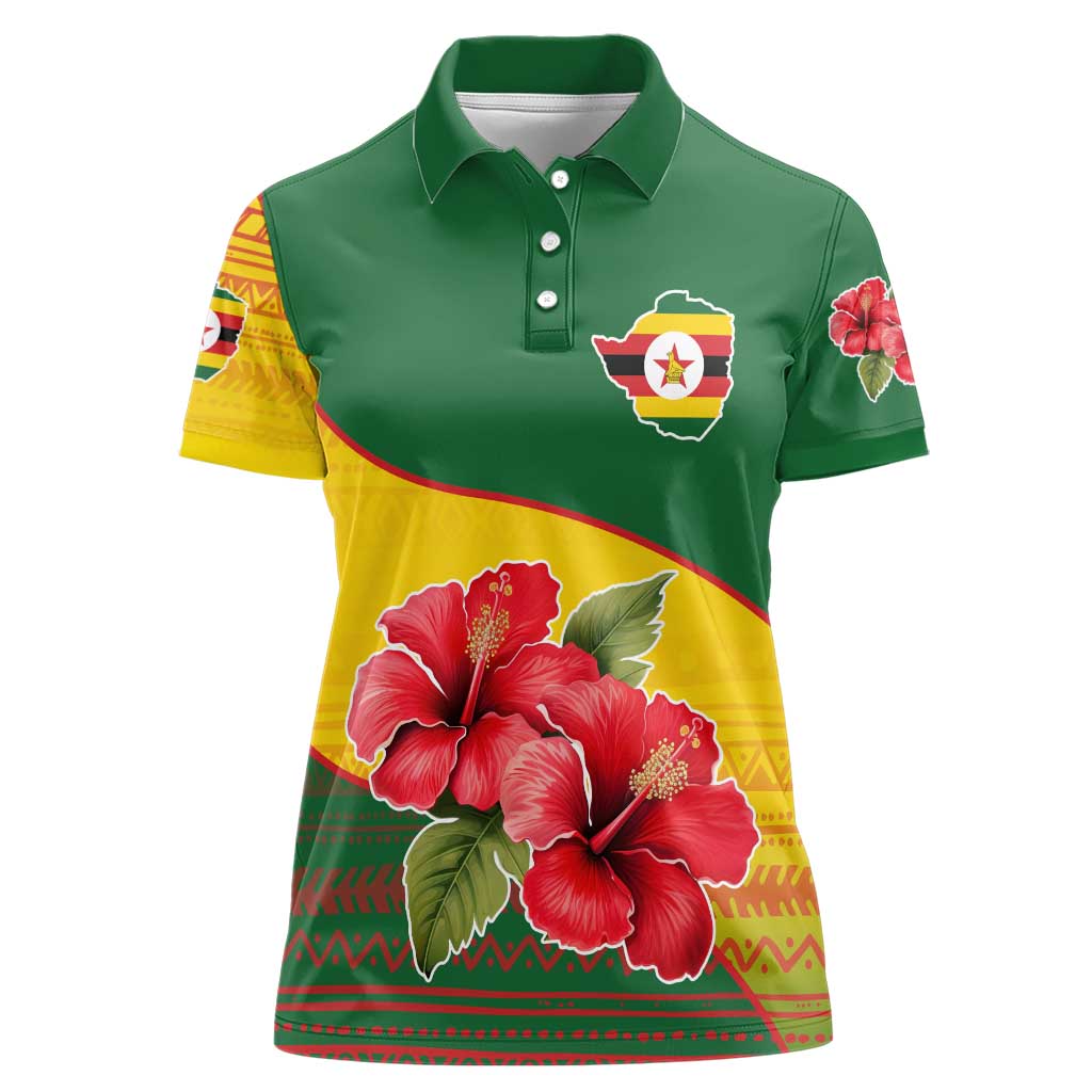 Zimbabwe Flag Map and Red Hibiscus Flowers Women Polo Shirt with African Tribal Pattern