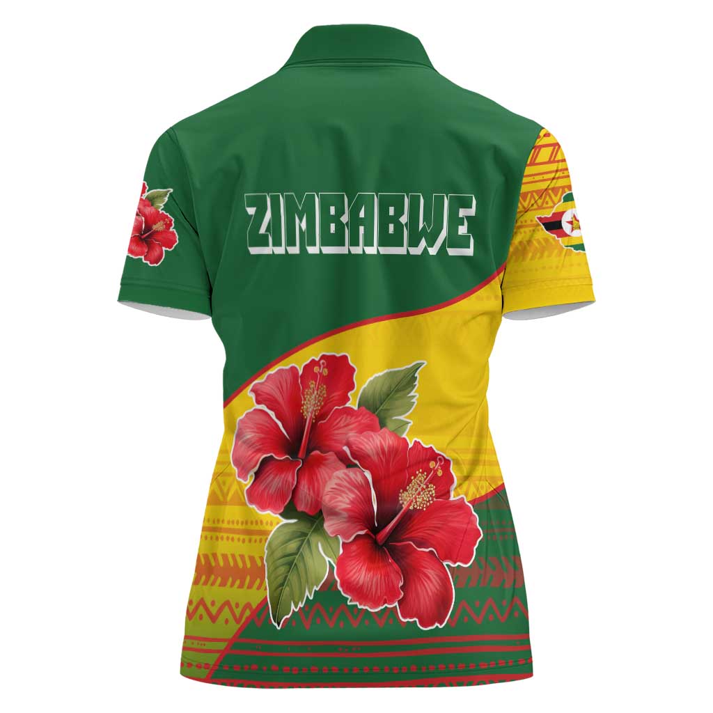 Zimbabwe Flag Map and Red Hibiscus Flowers Women Polo Shirt with African Tribal Pattern
